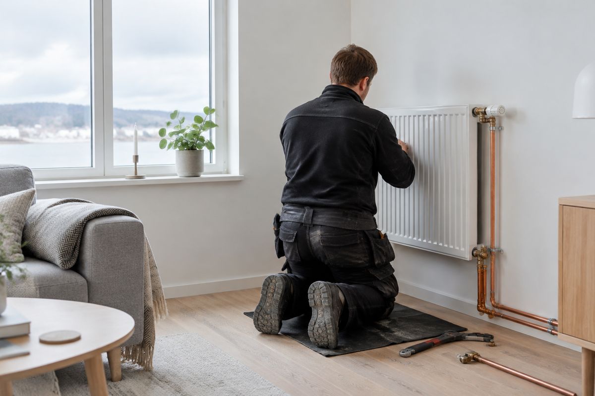 VVS-håndværker monterer radiator i dansk stue